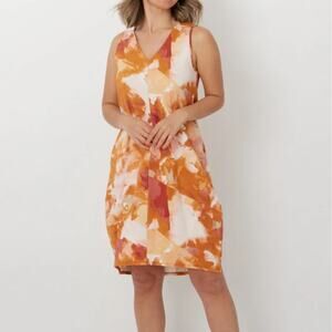 Marla Wynne Orange Tie Dye Printed V-neck Sleeveless Knee Length Lantern Dress